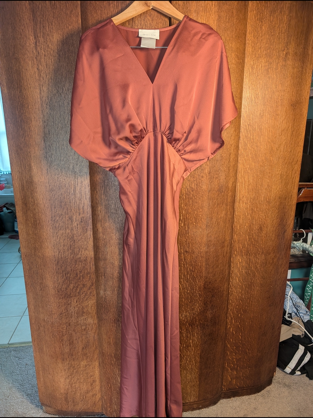 BHLDN Leila Satin Charmeuse Maxi Dress | Rust/Terracotta | US 12 | Hemmed Brides